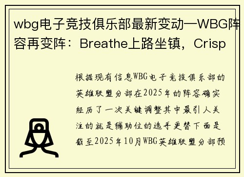 wbg电子竞技俱乐部最新变动—WBG阵容再变阵：Breathe上路坐镇，Crisp回归助阵新阵蓄势待发